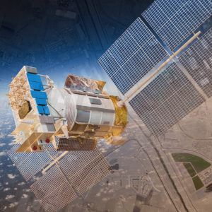 An image of a satellite superimposed over a satellite image of the El Paso, Texas, region.