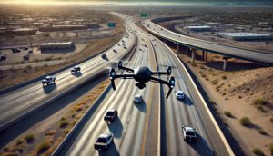 AI-generated image of a drone flying over a multi-lane highway in El Paso, Texas, with vehicles traveling in both directions and a desert cityscape in the background.